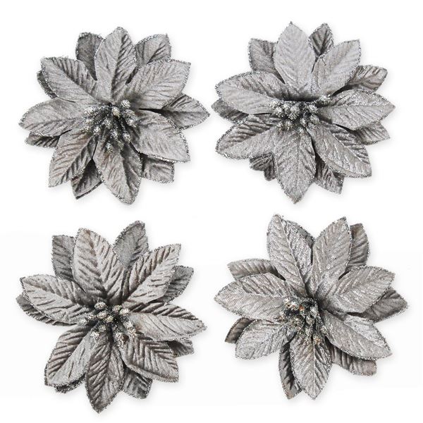 Poinsettia květ textil 4ks/6cm stříbrná