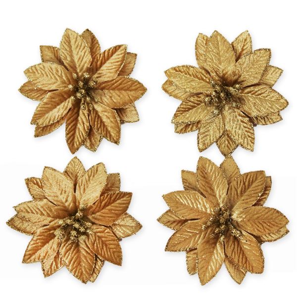 Poinsettia květ textil 4 ks/10 cm zlatá