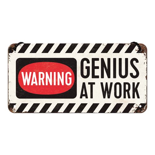 Závěsná cedule: Warning! Genius at Work 10x20 cm