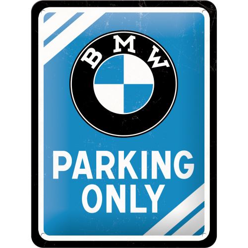 Plechová cedule: BMW Parking Only (modrá) - 20x15 cm
