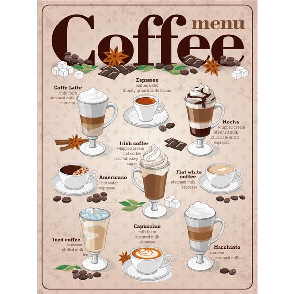 Plechová cedule: Coffee menu - 30x40 cm